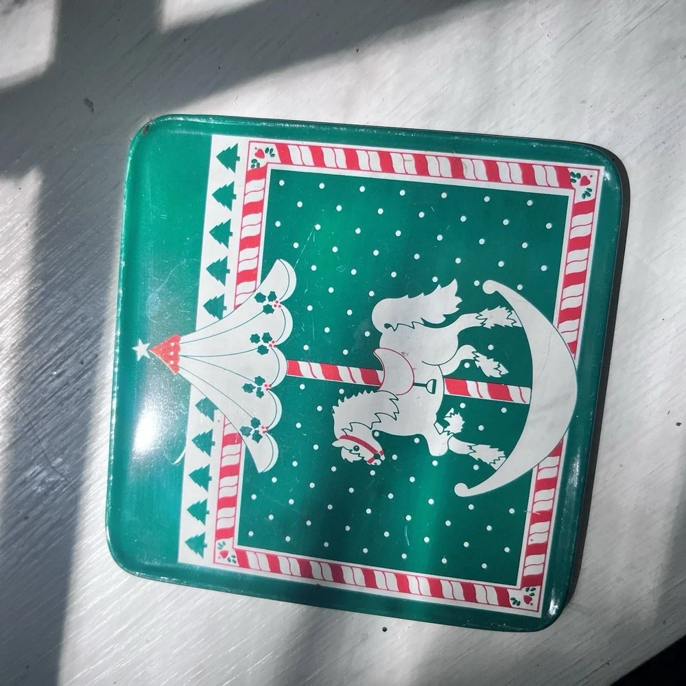 1990 Tin Vintage Coasters Set Of 6 Christmas Cork‎ Back Marry Go Around Green